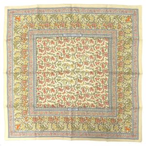 Like New Hermes Carre 90 "Hunting in India" Scarf, Silk, Ivory, Yellow, Light Blue, 0390 [Pre-owned] HERMES