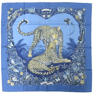 Like New Hermes Carre 90 Jungle Love Silk Blue Scarf 0390 [Used] HERMES