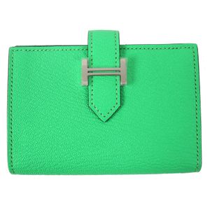 Unused △HERMES Bearn Mini Vert Comice Silver Hardware Chevre Mysore Bi-fold Card Case Business Card Holder Green B Stamp Box Included Made in France Women's Very Popular Recommended◎