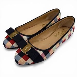 Mint condition ◇ Salvatore Ferragamo Ferragamo VARINA flat pumps with Vara RIBON fabric and suede leather accents, Color gold hardware, size 4.5, with box and dust bag, made in Italy, women's.