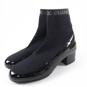 극미품 ☆ CHANEL 샤넬 특허 가죽 로고 니트 양말 부츠 발목 부츠 블랙 34.5 이탈리아 제 여성