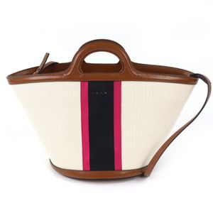 극미품 △ MARNI 마르니 24SS BMMP0097U3P6458 ​​TROPICALIA SMALL 트로피칼리아 스몰 캔버스 가죽 스트라이프 로고 자수 2WAY 핸드 토트 백 ブラウン 베이지 핑크계 보존봉투 첨부