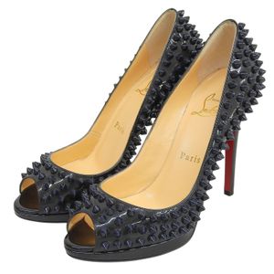 Mint condition ▲ Christian Louboutin spiked stud open-toe patent leather pumps, green and navy, size 36.5, with dust bag, made in Italy, women's.