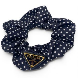 Excellent condition★PRADA 1IF015 Re-Nylon scrunchie, triangle logo, polka dot pattern, hair accessory, dark navy and white, with box, women's.