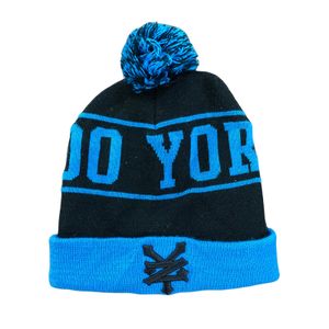 Zoo York beanie/knit cap with pom-pom, black/blue, one size, used.