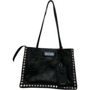 PRADA Etiquette 1BG121 Tote Bag, Leather, Black/Light Blue/Silver Hardware, Women's [Used]