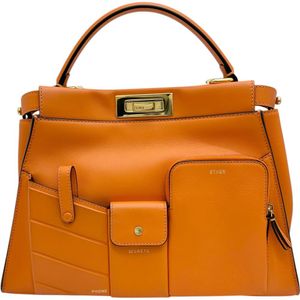 FENDI Peekaboo Pocket Regular 8BN312 2-Way Handbag/Shoulder Bag, Leather, Orange/Gold Hardware, Women's [Used]