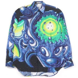 미사용품 □ DIOR 디올 옴므 케니 샤프 01TC501A5195 실크 혼 그래픽 프린트 긴 소매 셔츠 블루 계 39