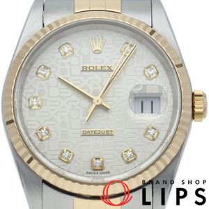 롤렉스 데이트 저스트 맨즈 시계 10 P다이어 컴퓨터 문자판 Datejust 36 Mens 16233G(Y) K18YG/SS 맨즈 시계 실버 마무리 2002년 미품 【중고】