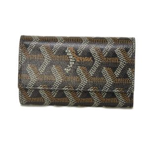 Used GOYARD Saint Michel key ring, Goyardine canvas, Vouselle calfskin, silver, 6 hooks, snap button, herringbone pattern, black key case.