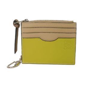 Pre-owned LOEWE square coin card holder, calfskin, Citronella Color card case, pass case, coin purse, mini wallet, key chain, Anagram embossed, nude coin case C821B35X01