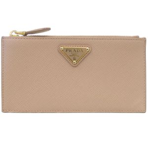 Prada Saffiano Triangle Leather Beige Fragment Case Wallet 0574 [Used] PRADA