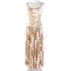 Excellent condition◎CHANEL Vintage 00s P15722 Gabrielle 100% Silk Face Pattern Coco Mark Chocolate Bar Stitch Pleated Camisole Dress/Gown Khaki Beige Size 36 Made in France Authentic Women's