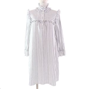 成色極佳 ★ CELINE 2R658077I 亞麻混紡迷你田園條紋荷葉邊襯衫裙 白色 藍色 38碼 義大利製造 女款