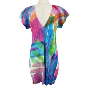 Excellent condition ▲ PLEATS PLEASE PLEASE by Issey Miyake PP01-JT688 V-neck dress, multi- Color 3, made in Japan, authentic, women's.