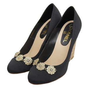 Mint condition ▲CHANEL G28002 Camellia Coco Mark Rhinestone Wedge Pumps Black Size 37 Comes with dust bag Made in Italy Women's