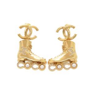 Unused Chanel Coco Mark Roller Skates Metal Rhinestone Faux Pearl Gold Earrings 1465 [Pre-owned] CHANEL