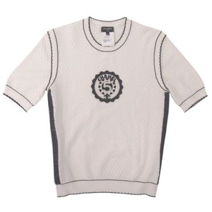 Like New Chanel No. 5 CC Sequin Logo Crew Neck Short Sleeve Knit P74144K10654 Size 36 Cotton Polyurethane White Black Top 0069 [Used] CHANEL