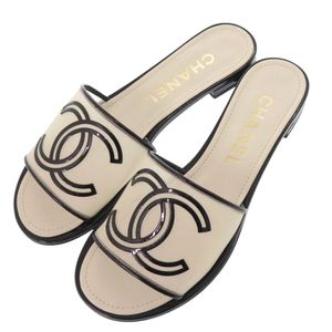 Unused Chanel CC Flat Sandals, Size 36 (24cm total length), Patent Leather, Mesh, Ivory/Black, Mules, 1290 [Pre-owned] CHANEL