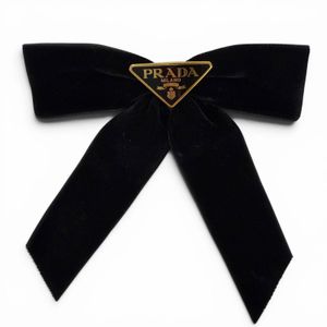 Excellent condition☆PRADA 1IF154 Velvet Hair Clip Triangle Logo Barrette Black Gold Hardware Women's