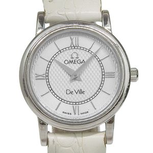 OMEGA De Ville watch, stainless steel and leather strap, quartz movement, analog display, silver dial, women's [used]