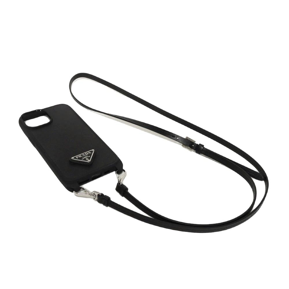 Used PRADA iPhone 15 case with strap, calfskin, black enamel, silver triangle logo, Nero color. (Item No. 1ZH184 QHH F0632)