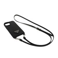 Used PRADA iPhone 15 case with strap, calfskin, black enamel, silver triangle logo, Nero color. (Item No. 1ZH184 QHH F0632)