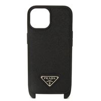Used PRADA iPhone 15 case with strap, calfskin, black enamel, silver triangle logo, Nero color. (Item No. 1ZH184 QHH F0632)