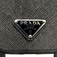 Used PRADA iPhone 15 case with strap, calfskin, black enamel, silver triangle logo, Nero color. (Item No. 1ZH184 QHH F0632)
