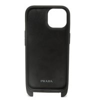 Used PRADA iPhone 15 case with strap, calfskin, black enamel, silver triangle logo, Nero color. (Item No. 1ZH184 QHH F0632)