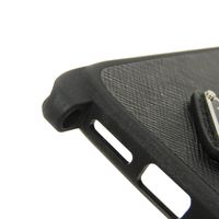 Used PRADA iPhone 15 case with strap, calfskin, black enamel, silver triangle logo, Nero color. (Item No. 1ZH184 QHH F0632)