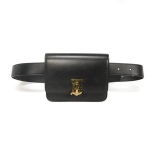 Used BURBERRY TB logo belt bag, flap compartment waist pouch, gold TB monogram black body bag 8012204