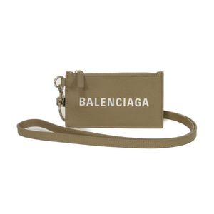 Used BALENCIAGA Cash Fragment Case with Strap, Grained Calf Leather, Greige, Business Card Holder, Pass Case, Coin Purse, Wallet, Excellent Condition, New Logo, Coin Case, 594548 1IZI3 1290