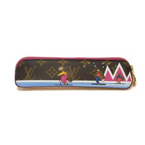 二手LOUIS VUITTONElisabeth LV Logo Flower Christmas Bear Ski LV Circle Gold ブラウン 顏色 Pencil Case Monogram Fuc​​​​hsia Pen Case GI0289