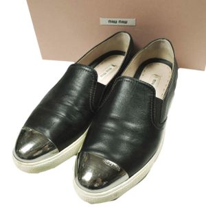 MIU MIU 미우미우 메탈릭 투 레더 슬립온 5S9563 38(25cm) 블랙 사이드 고어 스니커즈 신발【중고】【MIU MIU】