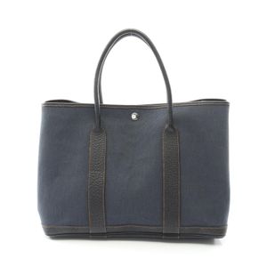 [Used] Hermes Garden Party PM Tote Bag, Denim Foncé/Black Canvas Leather, Women's