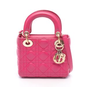 [Used] Dior Lady Dior Mini 2-Way Handbag, Magenta Leather, Lady Dior Cannage 2-Way Tote Mini, Women's, Used A