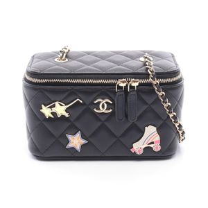 [Pre-owned] Chanel Matelassé Vanity Bag with Icon Charm, Black Lambskin (Sheepskin Leather), Chain Shoulder Bag