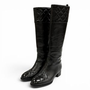 Excellent condition★CHANEL Chanel 23B G45201 Coco Mark Matelassé Chunky Heel Leather Long Boots Black 37.5 Made in Italy Women's with dust bag
