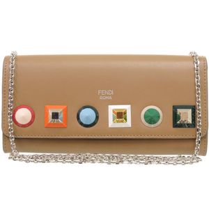 신품과 같은 상태의 펜디 체인 월렛 스터드 8M0365 가죽 브라운 긴 지갑 0492【중고】FENDI