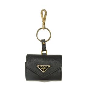 二手 PRADA Saffiano AirPods Pro 耳機保護套，金色鑰匙扣，三角形 Logo，黑色鑰匙圈 1TL425