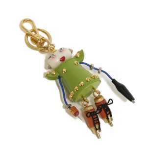 二手 Prada Saffiano Nancy 機器人鉚釘金色鑰匙圈包飾，搭配品牌標誌吊墜，淺綠色鑰匙圈 1TR016