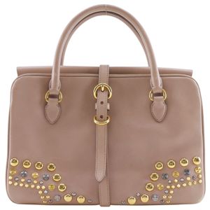 Miu Miu Studded Leather Handbag, Pink Beige, A5 Size, Belt Buckle, Studs, Women's [Used]