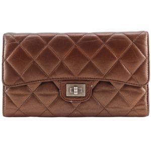 Chanel 2.55 Long Wallet, Matelassé, Calfskin, Bronze, Snap Button, Women's [Used]