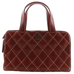 Chanel Wild Stitch Handbag, Leather, Reddish Brown, A5 Size, Double Zipper, Women's [Used]