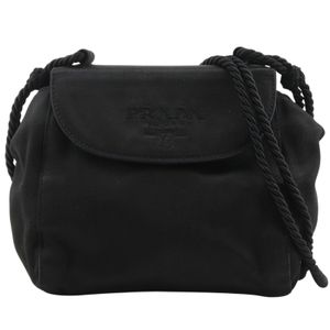 Prada PRADA Logo Fringe Shoulder Bag, Satin, Black, Crossbody, Magnetic Closure, Women's [Used]