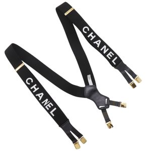 Chanel logo suspenders, elastic, leather, gold-plated, black, women's [used]