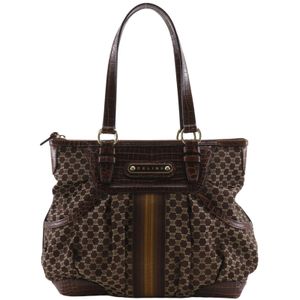 CELINE Macadam Pattern Tote Bag, Embossed Leather x Nylon Canvas, Brown, Shoulder Bag/Handbag, A5 Size, Zipper, Women's [Used]