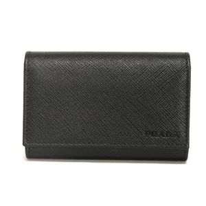 二手 Prada Saffiano 六環鑰匙扣，小牛皮，黑色，鑰匙環，按扣開合，卡位，全新未使用，壓紋徽標，黑色鑰匙包，2PG002 053 F0002