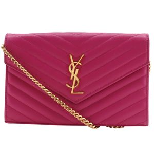 圣罗兰 SAINT LAURENT 链条肩包 链条钱包 绗缝皮革 粉色 按扣链条 女士【二手】